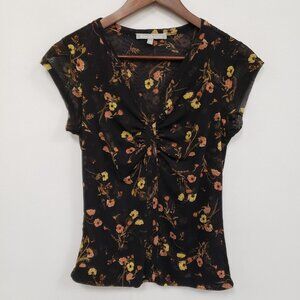 Daniel Rain Womens Mesh Dark Floral Top Size XS Sheer Stretch Fairy Grunge